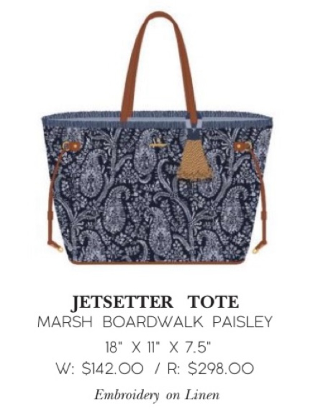 Spartina 449 Jetsetter Navy and Light Blue Paisley Embroidered Tote with Tassel - Picture 5 of 5